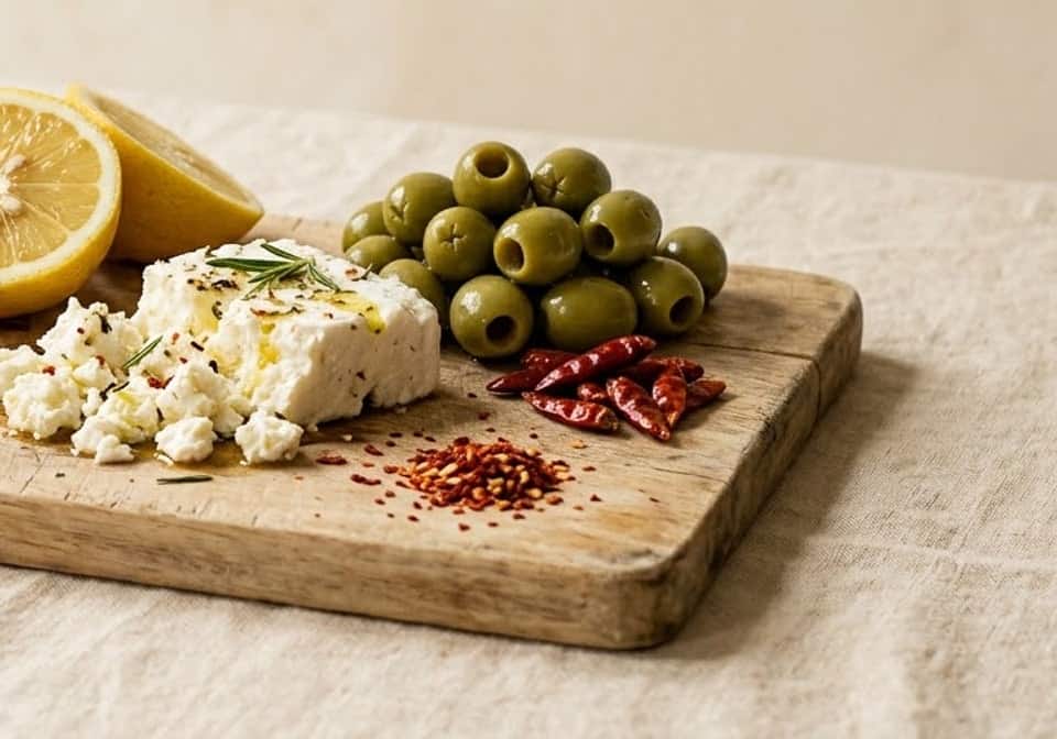 Feta, olives vertes et piments séchés sur une planche en bois.