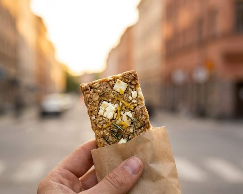 Barre protéinée salée tenue à la main, sortie de son sachet, en pleine rue.
