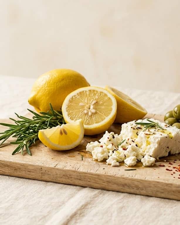 Citron, romarin, feta et olives sur une planche en bois clair.